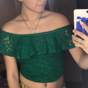 Green off sleeve crop top